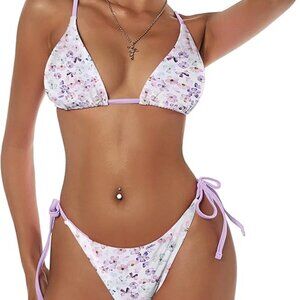 NWT Reversible Women Bikini Set Ribbed Floral Low Waist Padded 2 Piece Swimsuit
